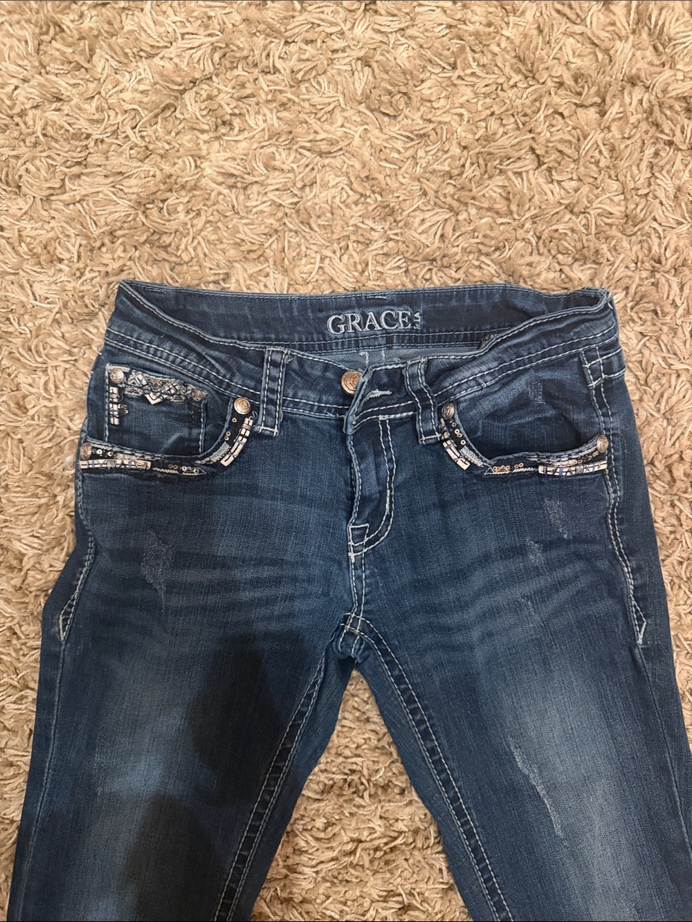 Grace Women's Dark Blue Skinny Jeans with Embellished Pockets